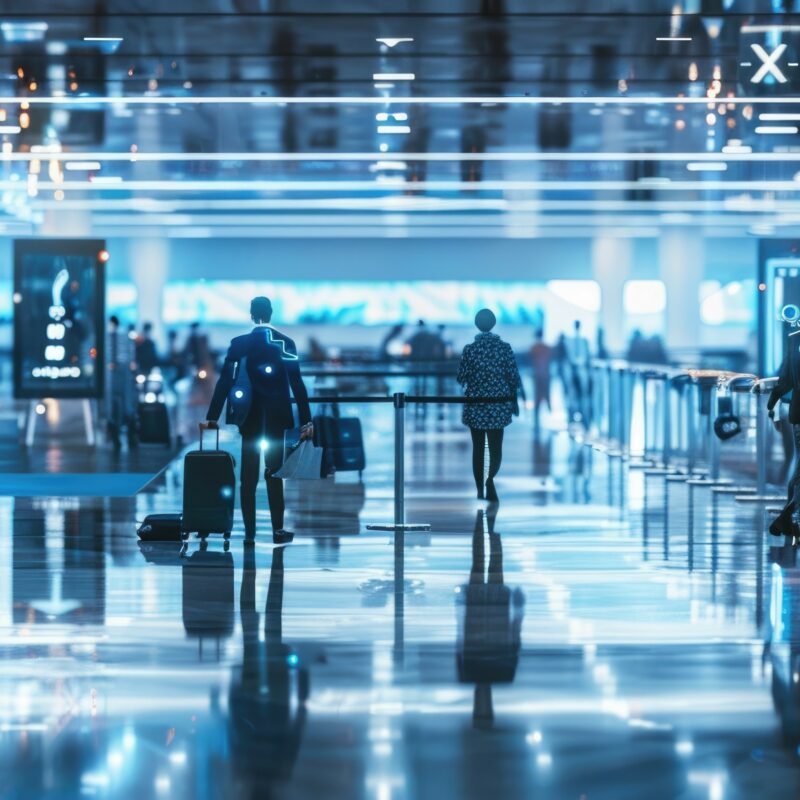 A futuristic airport where humans and AI manage passenger and luggage flow. AI robots assist with check-ins, security checks, and navigation. The airport features dynamic displays, advanced security systems, and a bustling, efficient atmosphere, enhancing travel experiences. AIG60